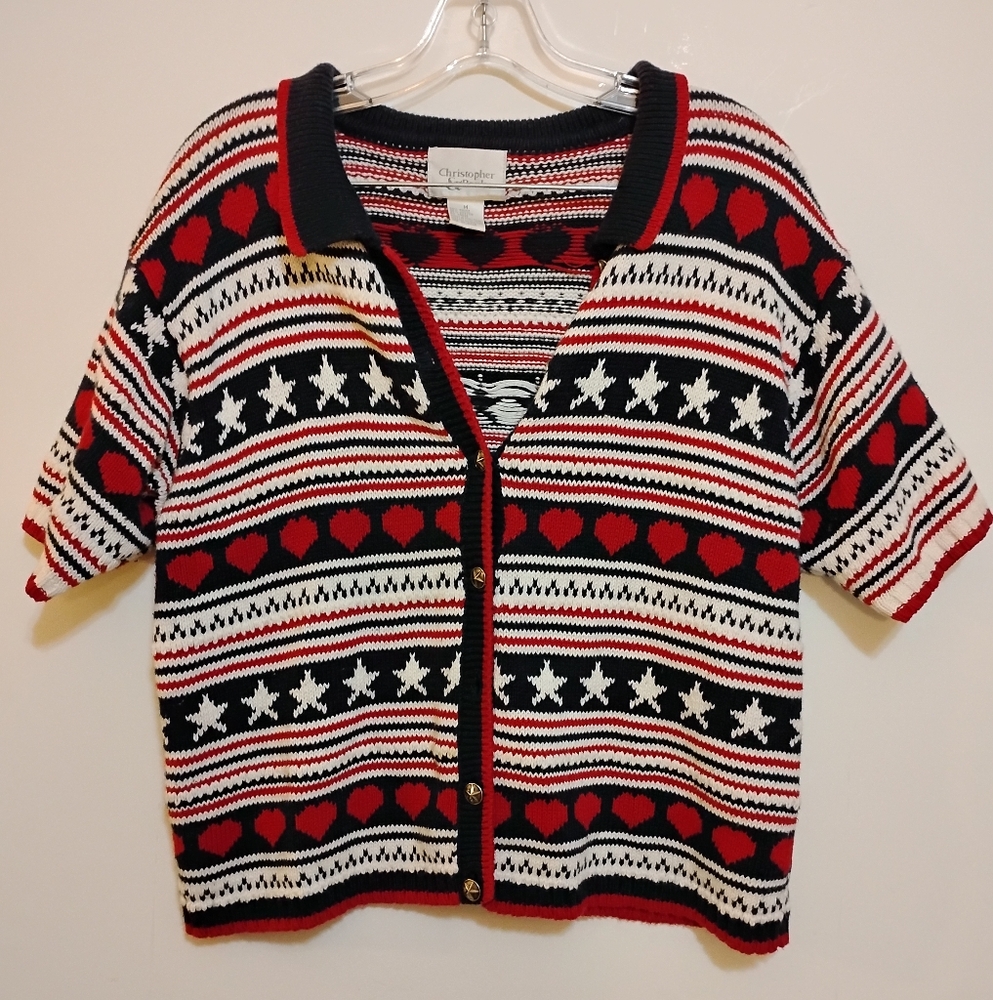 Chic Blur Red White Button Down Knit Shirt Classic Style Christopher&Banks M